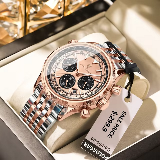 POEDAGAR 960 Luxury Luminous Chronograph Men's Watch-Silver Rose Gold