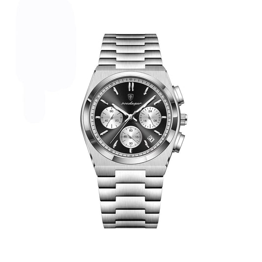 POEDAGAR 970 Luminous Date Chronograph Stainless Steel Men's Watch-Silver Black
