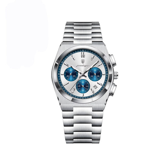 POEDAGAR 970 Luminous Date Chronograph Stainless Steel Men's Watch-Silver Blue