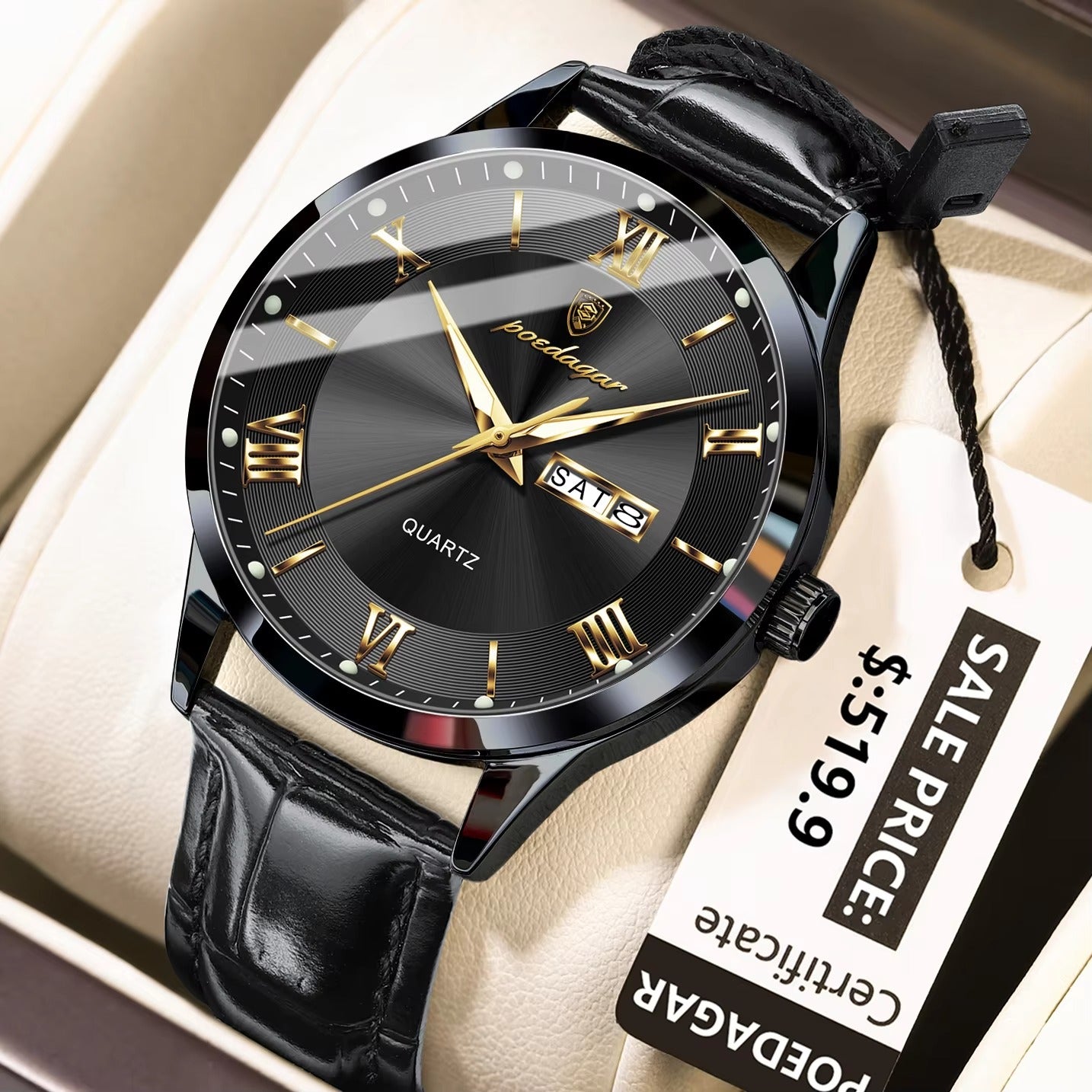 POEDAGAR 978 Casual Luminous Leather Strap Men's Watch-Gold Black
