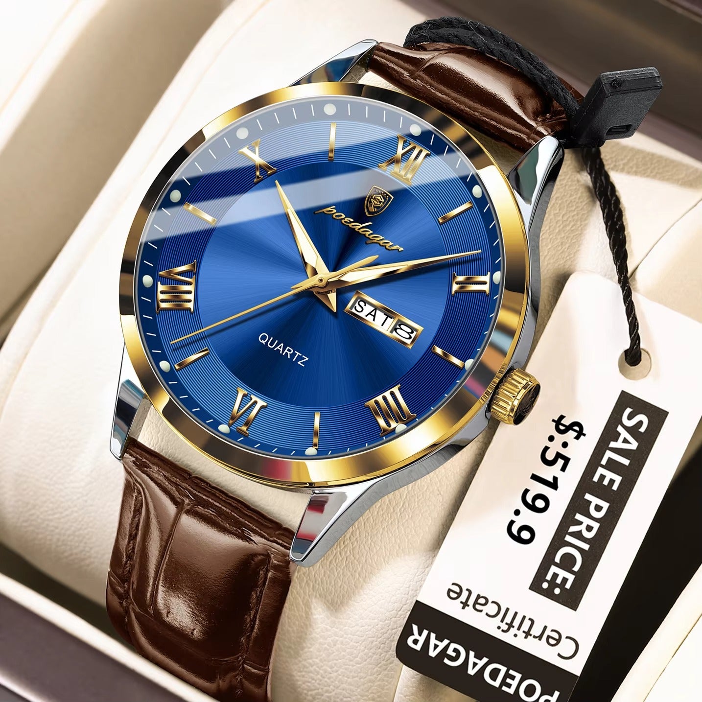 POEDAGAR 978 Casual Luminous Leather Strap Men's Watch-Gold Blue