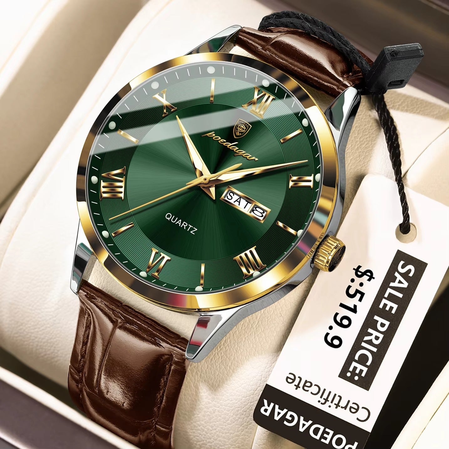 POEDAGAR 978 Casual Luminous Leather Strap Men's Watch-Gold Green
