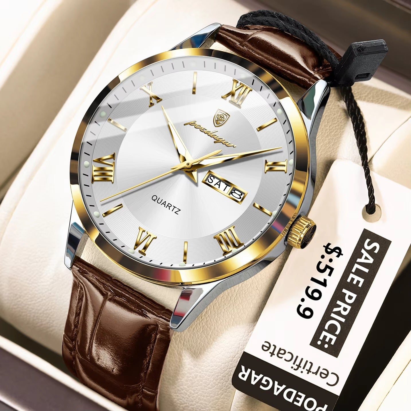 POEDAGAR 978 Casual Luminous Leather Strap Men's Watch-Gold White