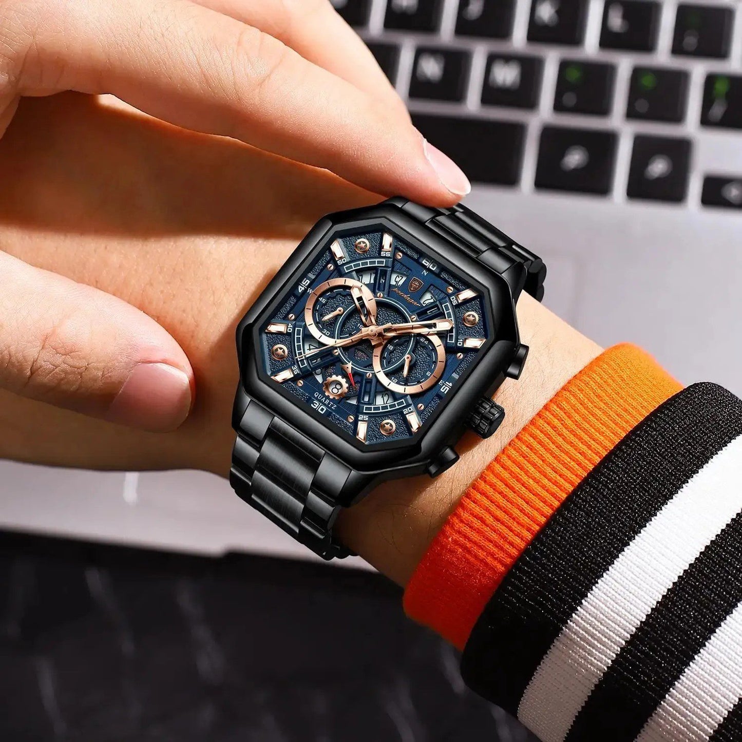 POEDAGAR 983 Square Luxury Chronograph Luminous Steel Men's Watch-Black Blue