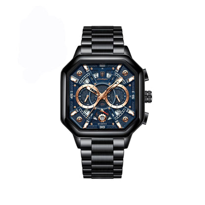 POEDAGAR 983 Square Luxury Chronograph Luminous Steel Men's Watch-Black Blue