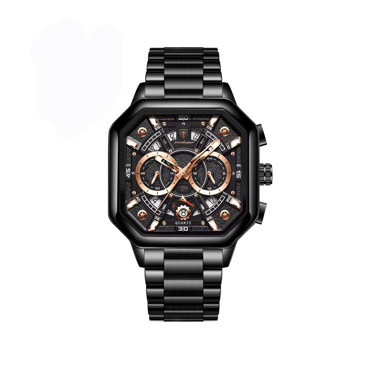 POEDAGAR 983 Square Luxury Chronograph Luminous Steel Men's Watch-Black Brown