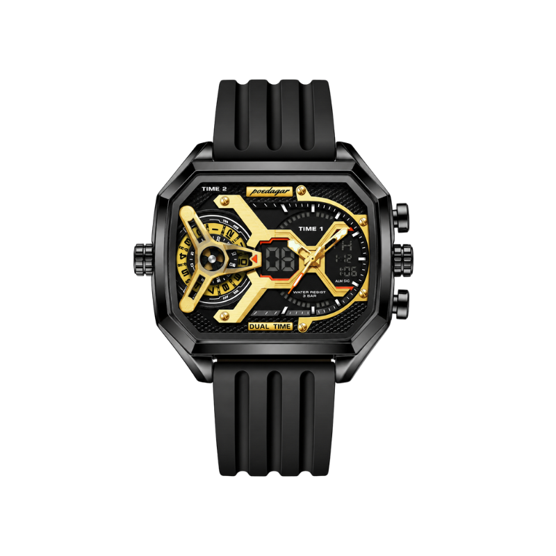 POEDAGAR 106 New Edgy Dual Display Silicone Strap Men's Watch-Black