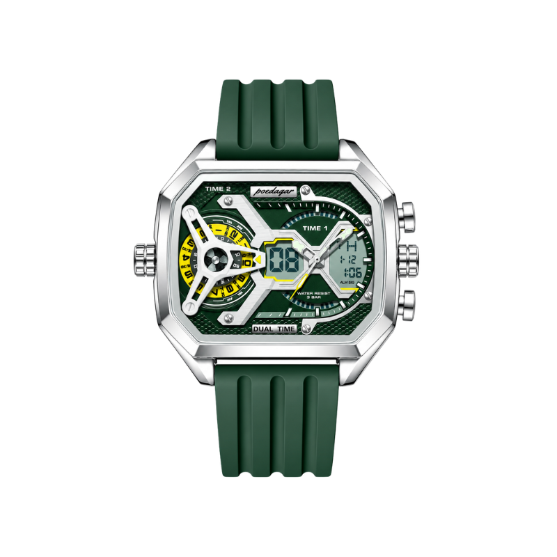 POEDAGAR 106 New Edgy Dual Display Silicone Strap Men's Watch-Green