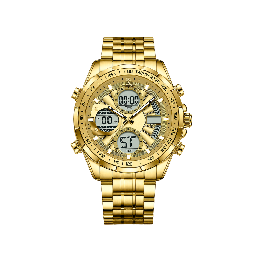 POEDAGAR E108 Dual Display Men’s Watch - Gold
