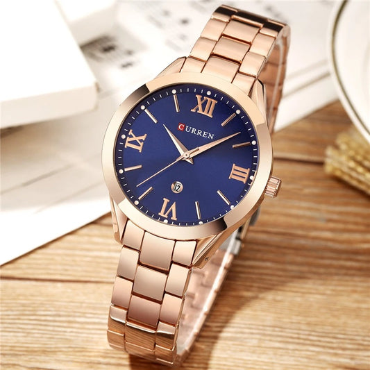 Curren C9007L Classic Women Watch with Date – Rose Gold & Blue
