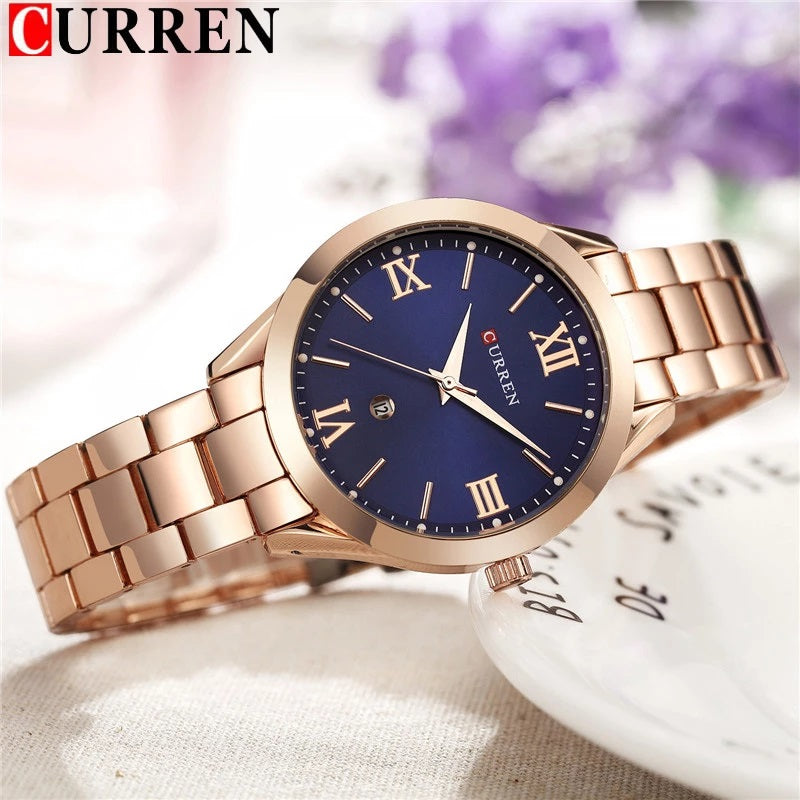 Curren C9007L Classic Women Watch with Date – Rose Gold & Blue