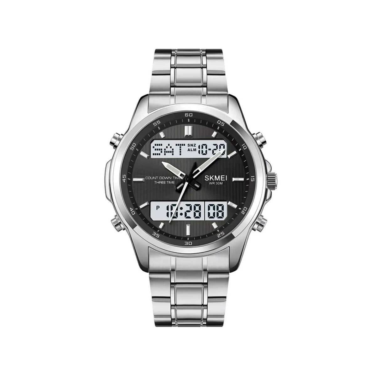SKMEI 2049 Electronic Dual Display Quartz Watch For Men-Silver Black