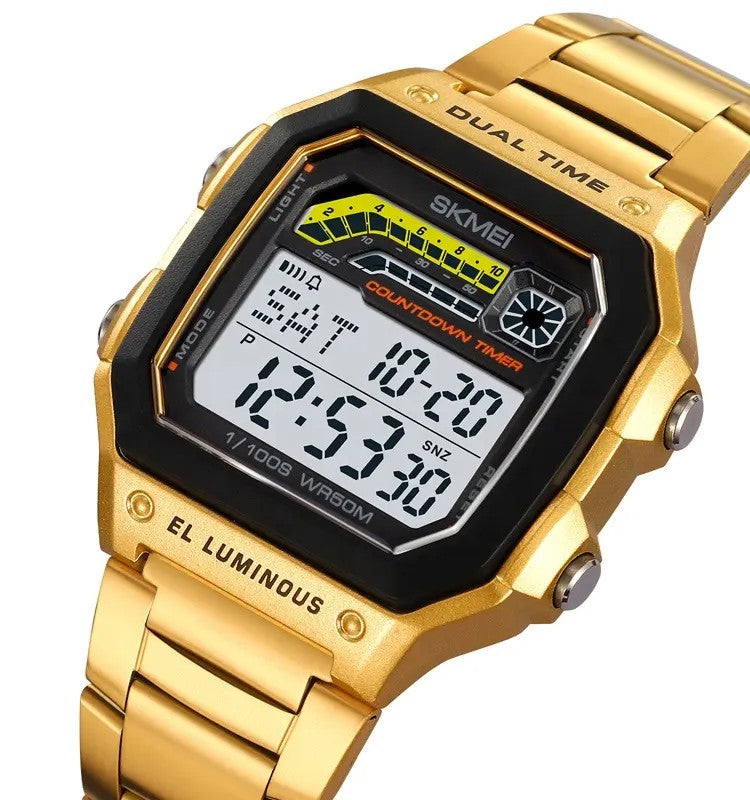 SKMEI 2307 Digital Square Stainless Steel Men’s Watch-Gold