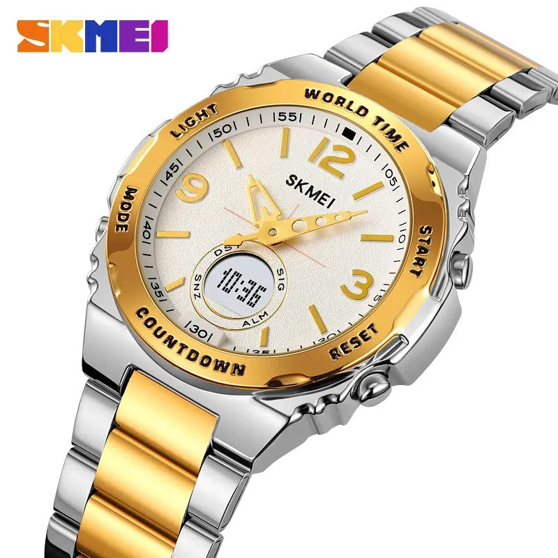 SKMEI 2310 Digital Analog Stainless Steel Watch for Men-Silver Gold