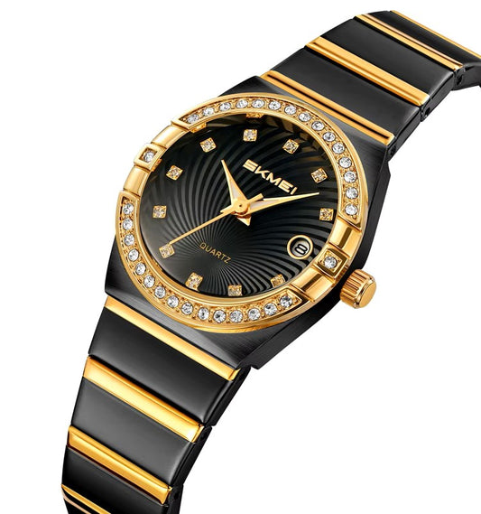 SKMEI 2342 Quartz Stainless Steel Diamond Ladies Watch-Black Gold