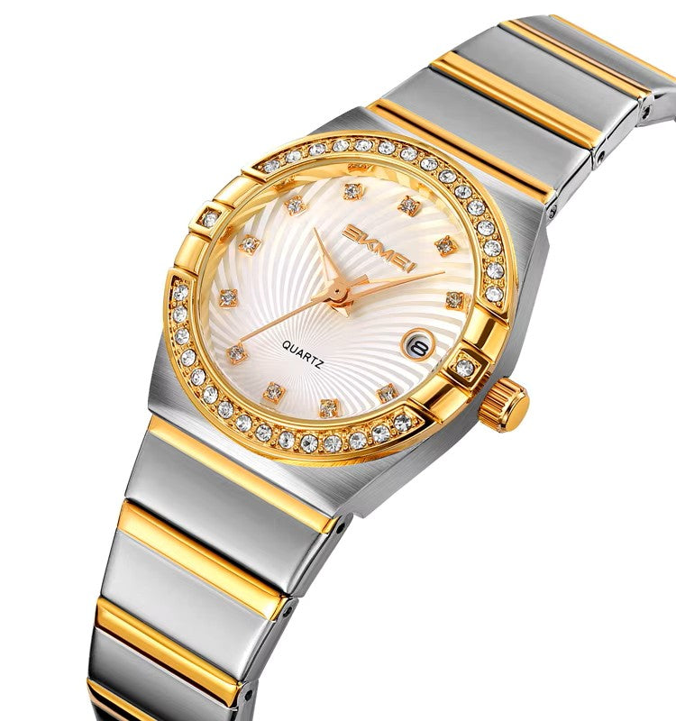 SKMEI 2342 Quartz Stainless Steel Diamond Ladies Watch-Silver Gold