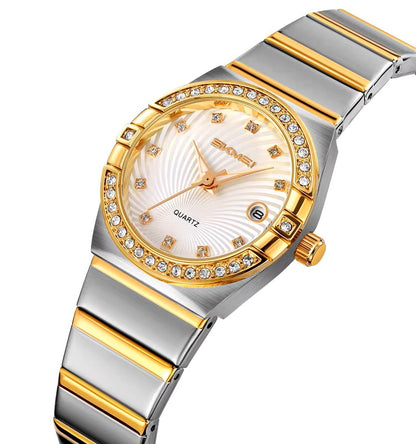 SKMEI 2342 Quartz Stainless Steel Diamond Ladies Watch-Silver Gold