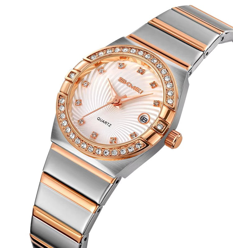 SKMEI 2342 Quartz Stainless Steel Diamond Ladies Watch-Silver Rose Gold