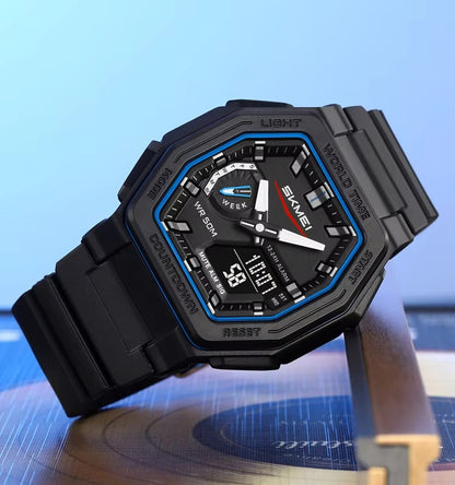 SKMEI 2438 World Time Multi-Functional Sports Men's Watch-Black Blue