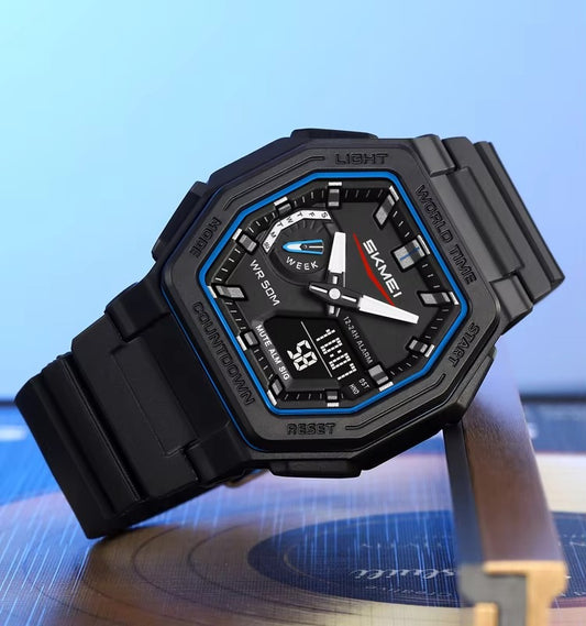 SKMEI 2438 World Time Multi-Functional Sports Men's Watch-Black Blue