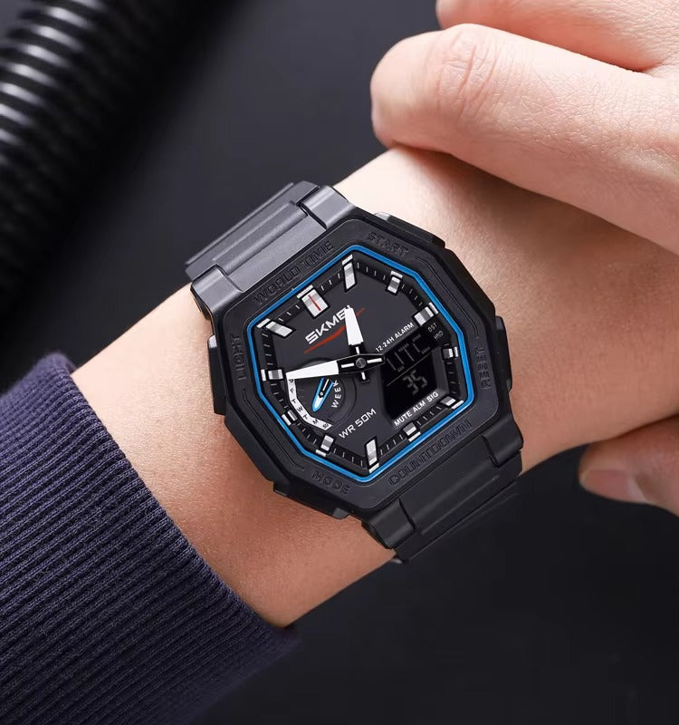 SKMEI 2438 World Time Multi-Functional Sports Men's Watch-Black Blue