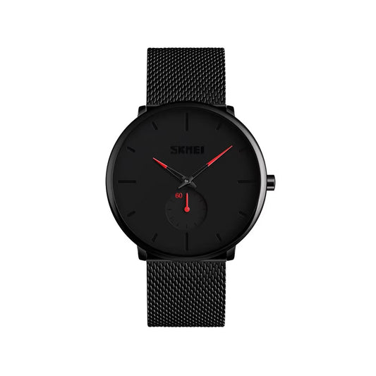 SKMEI 9185 Classic Mesh Steel Quartz Men's Watch-Black Red