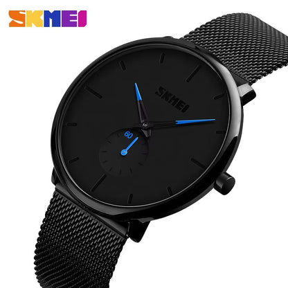 SKMEI 9185 Classic Mesh Steel Quartz Men's Watch-Black Blue
