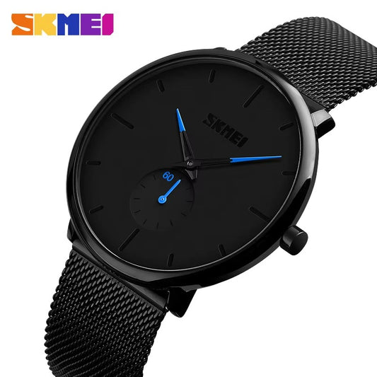 SKMEI 9185 Classic Mesh Steel Quartz Men's Watch-Black Blue