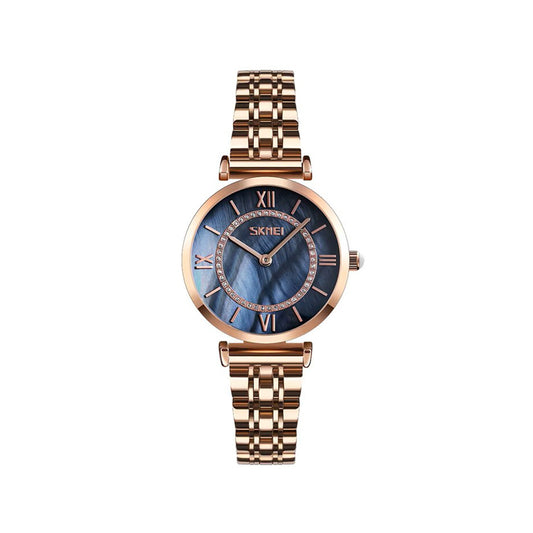 SKMEI 9198 Simple Numeral Dial Metal Belt Quartz Watch-Blue Rose Gold