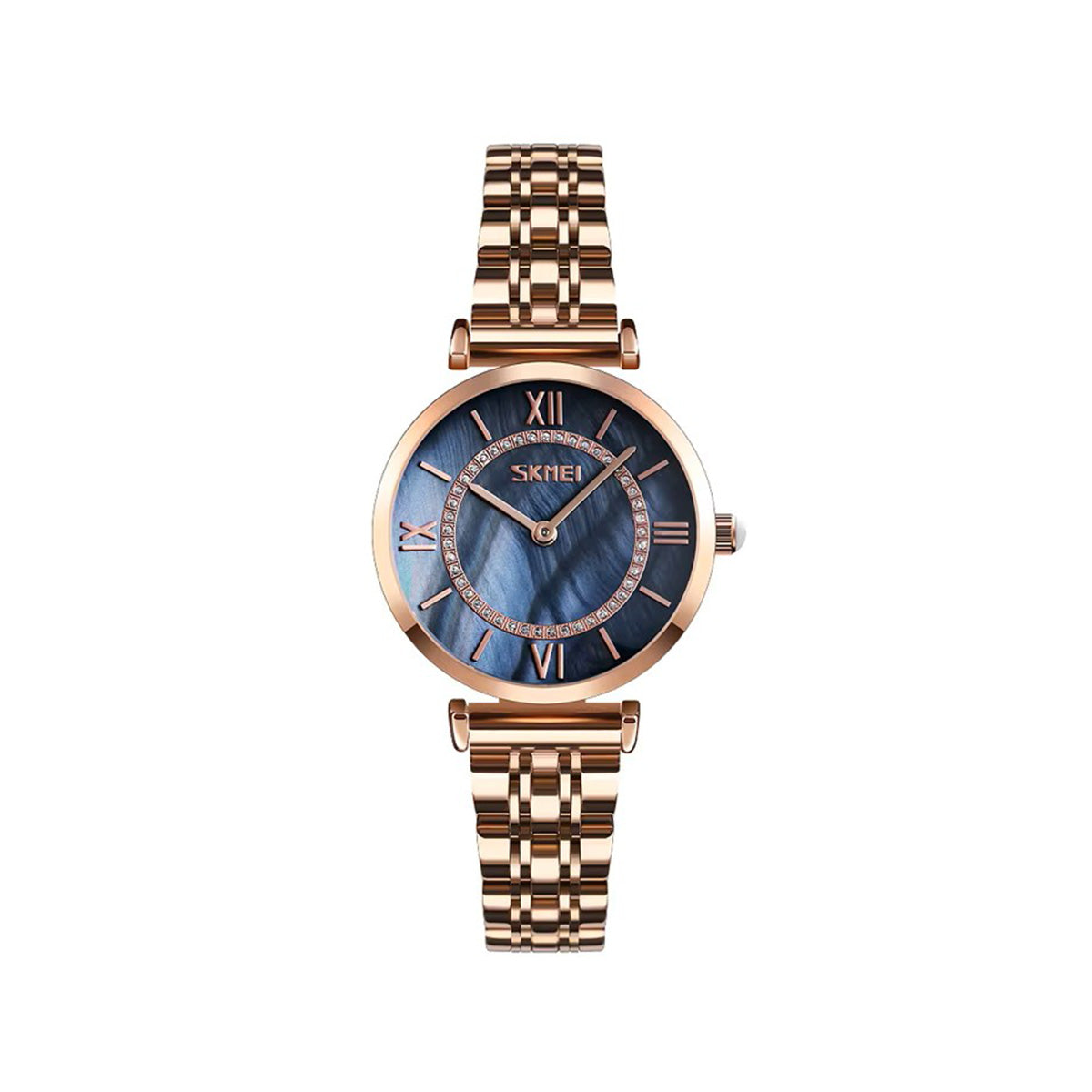SKMEI 9198 Simple Numeral Dial Metal Belt Quartz Watch-Blue Rose Gold