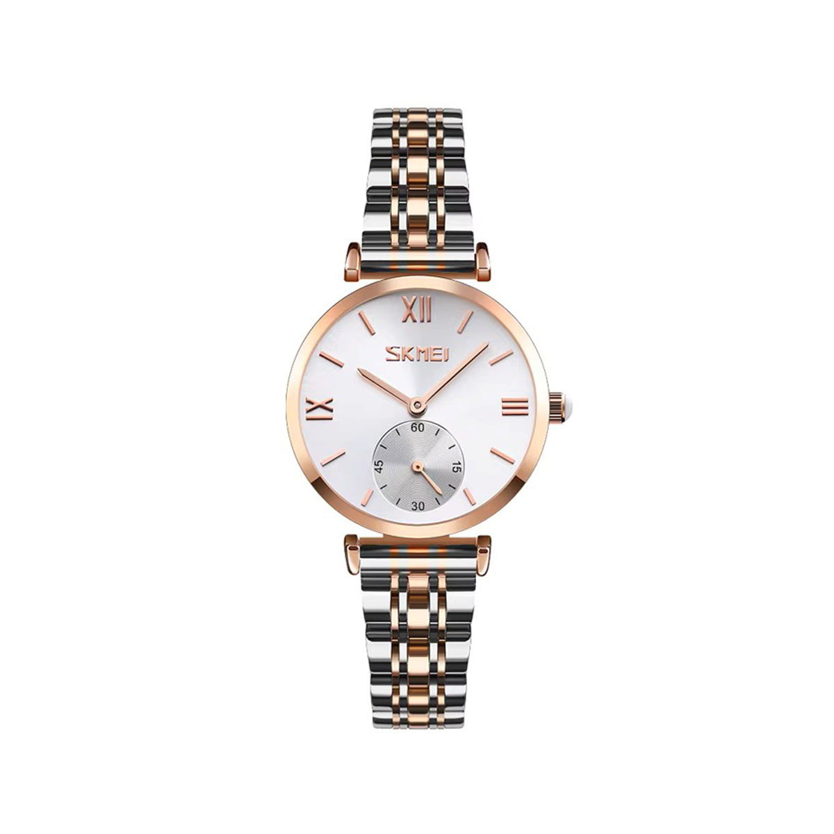 SKMEI 9198 Simple Numeral Dial Metal Belt Quartz Watch-White Rose Gold