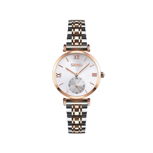 SKMEI 9198 Simple Numeral Dial Metal Belt Quartz Watch-White Rose Gold
