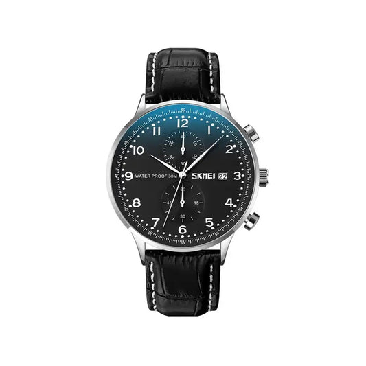 SKMEI 9301 Casual Leather Strap Date Men's Watch-Black