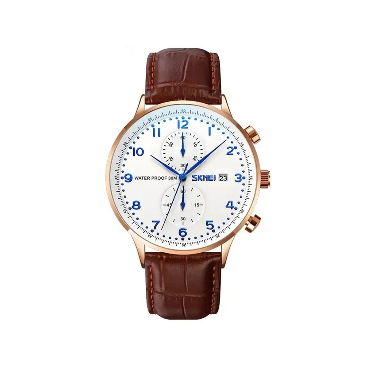 SKMEI 9301 Casual Leather Strap Date Men's Watch-Brown Blue