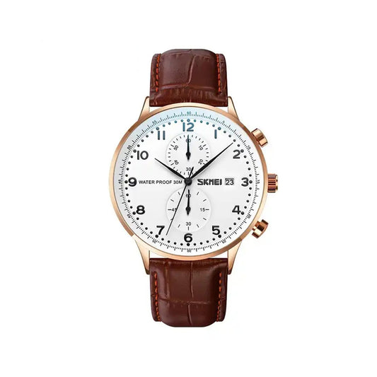 SKMEI 9301 Casual Leather Strap Date Men's Watch-Brown