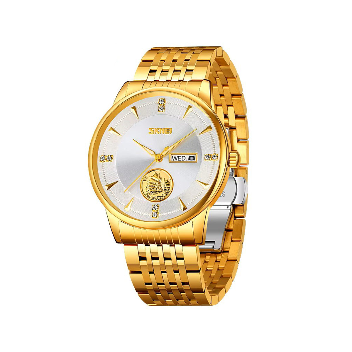 SKMEI 9309 Quartz Stainless Steel Day Date Men's Watch-Silver Gold