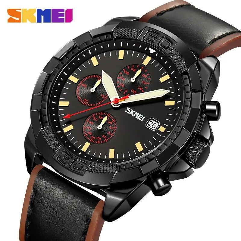 SKMEI 9347 Luxury Chronograph Leather Strap Men's Watch-Black