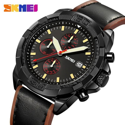 SKMEI 9347 Luxury Chronograph Leather Strap Men's Watch-Black