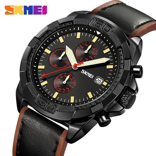 SKMEI 9347 Luxury Chronograph Leather Strap Men's Watch-Black
