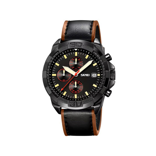 SKMEI 9347 Luxury Chronograph Leather Strap Men's Watch-Black