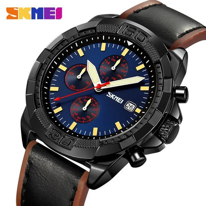 SKMEI 9347 Luxury Chronograph Leather Strap Men's Watch-Blue Black