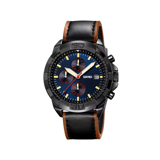 SKMEI 9347 Luxury Chronograph Leather Strap Men's Watch-Blue Black