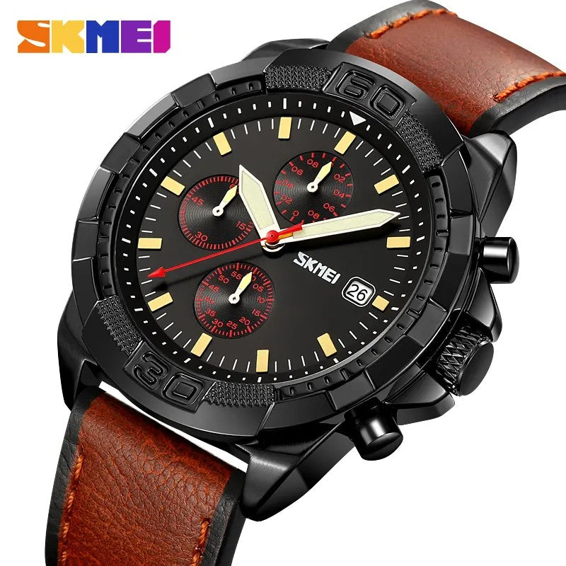 SKMEI 9347 Luxury Chronograph Leather Strap Men's Watch-Brown Black