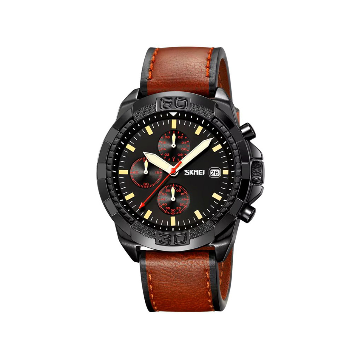SKMEI 9347 Luxury Chronograph Leather Strap Men's Watch-Brown Black