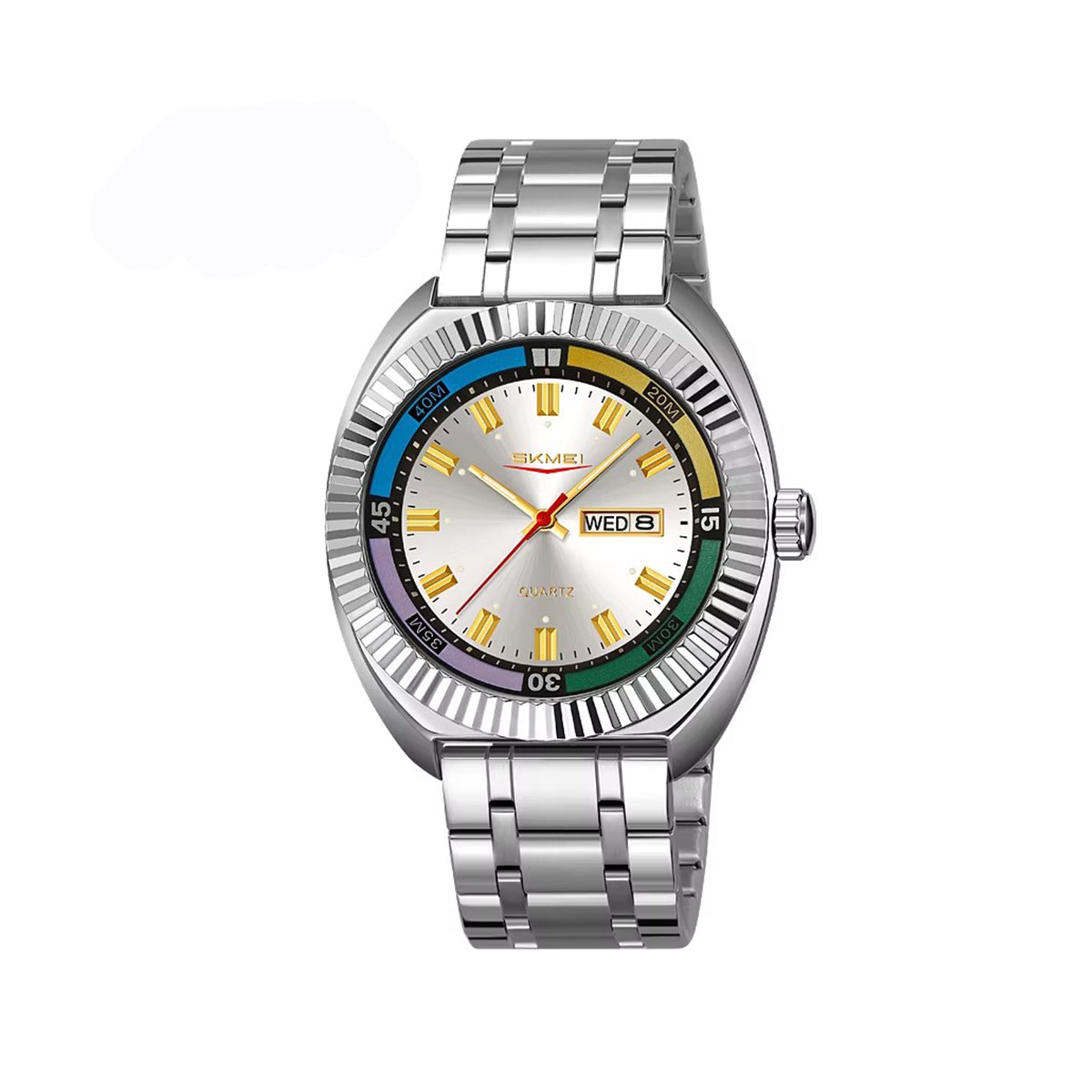 SKMEI 9353 Classic Stainless Steel Day Date Men's Watch-Silver White