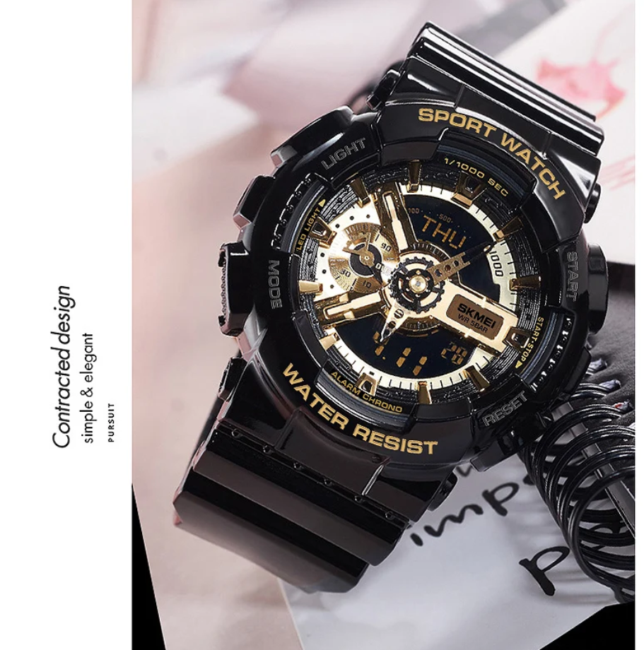SKMEI 1688 Analog and Digital Display with Buckle Clasp Waterproof Rubber strap Band luxury sports watch- Black Gold