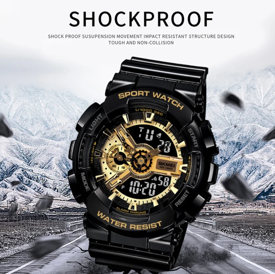 SKMEI 1688 Analog and Digital Display with Buckle Clasp Waterproof Rubber strap Band luxury sports watch- Black Gold