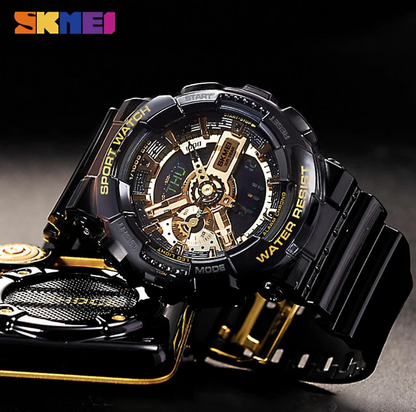 SKMEI 1688 Analog and Digital Display with Buckle Clasp Waterproof Rubber strap Band luxury sports watch- Black Gold