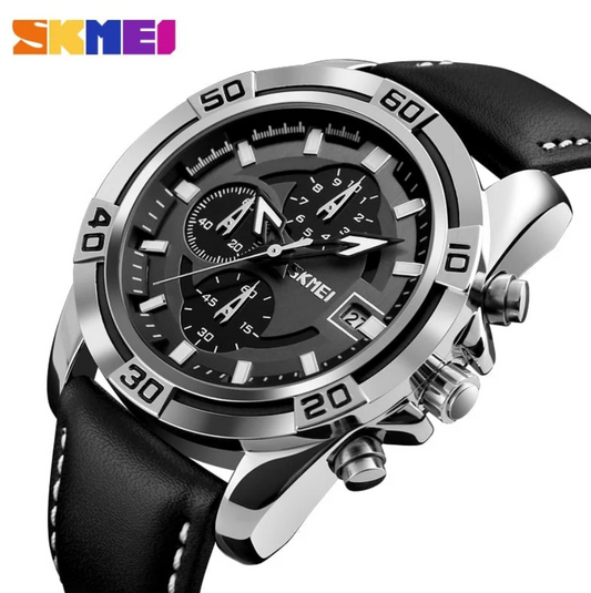 SKMEI 9156 Active Chronograph Leather Quartz Watch for Men- Black