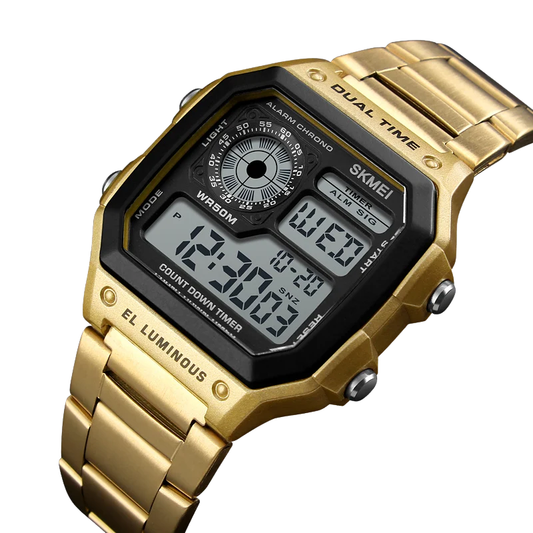SKMEI 1335 Dual Time Chain Wrist Watch for Men - Golden